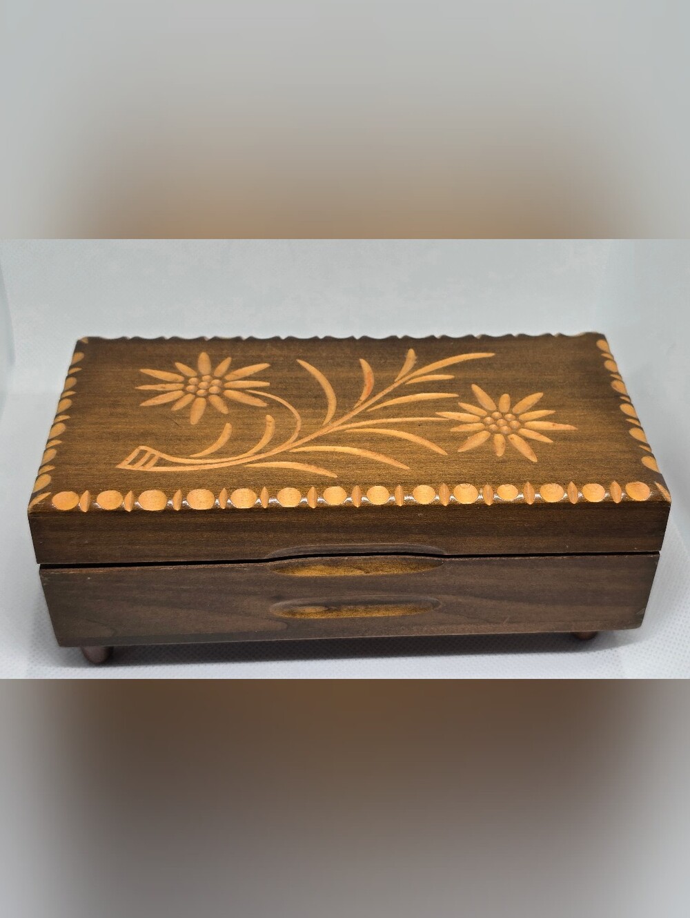 Vintage Swiss Wooden Edelweiss Flower Carved Floral Music Trinket Jewelry Box